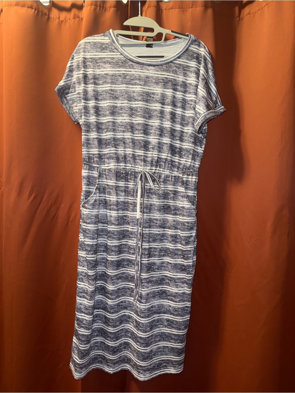SHEIN Blue and White Striped Midi Drawstring Pocket Dress